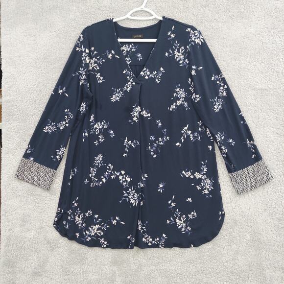 J. Jill Top Women's Navy Floral V-neck Relaxed Fit Large Tall Knit Rayon Stretch - Picture 1 of 12